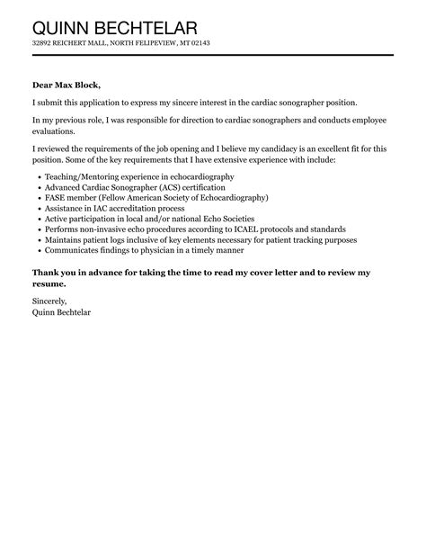 Cardiac Sonographer Cover Letter | Velvet Jobs