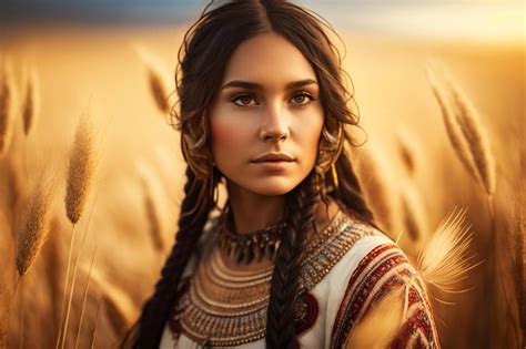 Premium Ai Image Beautiful Native American Woman Posing In Wheat Field