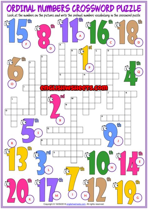 Numbers Esl Vocabulary Crossword Puzzle Worksheet For