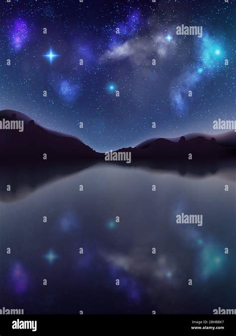 Night Landscape With Dark Silhouettes Of Mountains And Sky With Stars