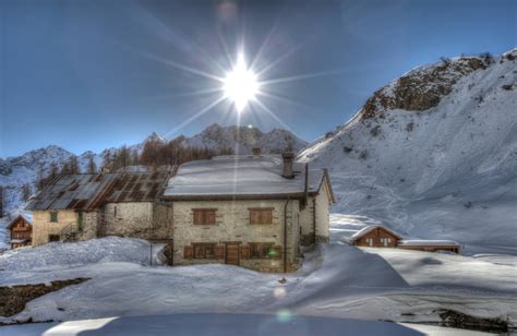 Italy Winter Mountains Houses Alps Snow Rays Of Light Nature
