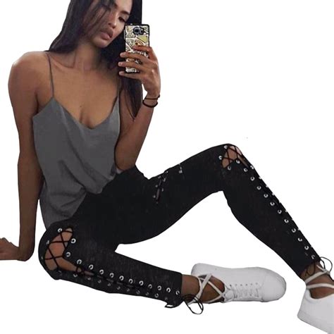 Women Autumn Winter Suede Leather Sexy Lace Up Hole Tight Ripped Pants Fashion Hollow Out Cross