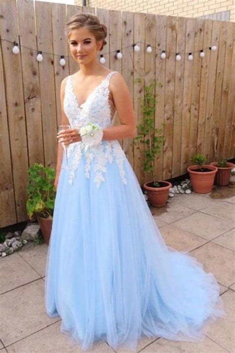 Light Sky Blue V Neck Long Tulle Prom Dress With Ivory Lace Appliques