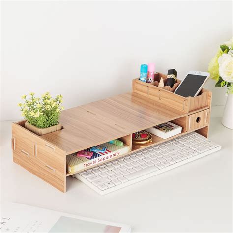 Multi Function Desktop Monitor Stand Computer Screen Riser Wood Shelf
