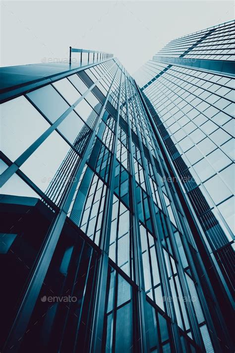 Blue Skyscraper Facade Office Buildings Modern Glass Silhouet