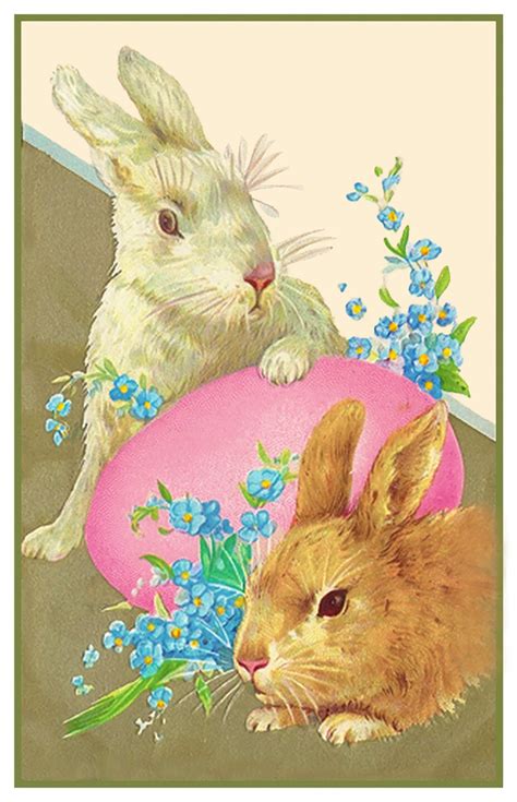Vintage Easter Bunnies With Flowers And Pink Egg Counted Cross Stitch