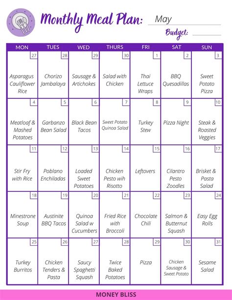 Monthly Calendar Template Meal Planning Calendar Meal