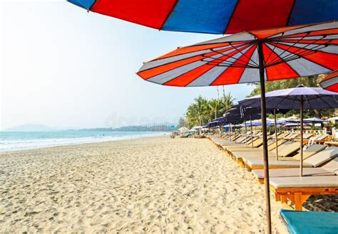 Sun Beds And Umbrella On A Tropical Beach Stock Photo Image Of Leisure Beds