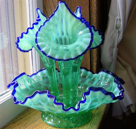 Fenton Green Opalescent Cobalt Crest Thumbprint Epergne Fenton Glass Antique Glass Vaseline