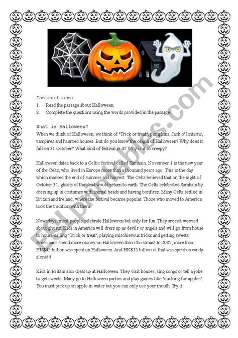 English worksheets: Reading comprehension on Halloween