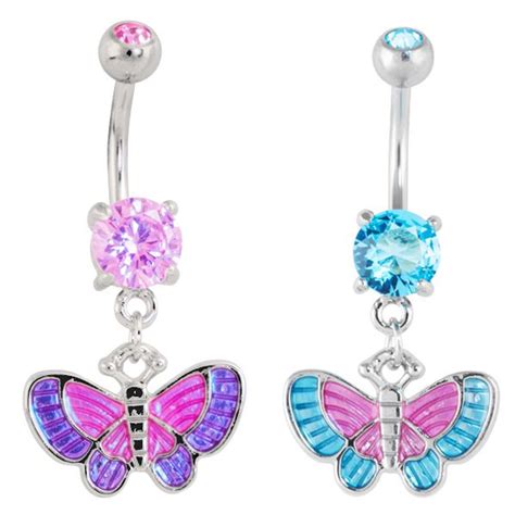 Bright Butterfly Epoxy Dangle Belly Button Navel Ring At Belly Piercing