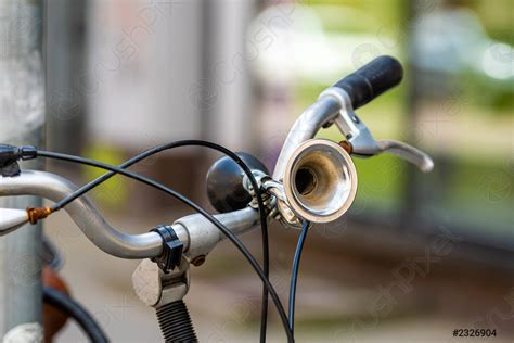 Close Up Of A Vintage Bicycle Horn On Handlebar Defocused Stock