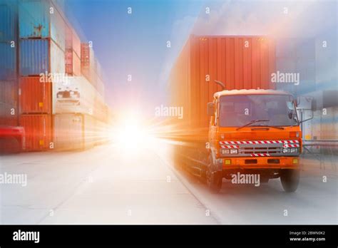 Blur Motion Truck Car With Container Cargo For Fast High Speed Shipping