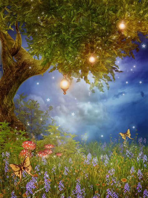 Fantasy Meadow With A Fairy Tree And Lamps Wall Mural Fantasy Tree