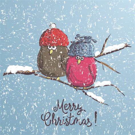 Two Birds Sitting On The Branch With Snow Winter Cartoon Background