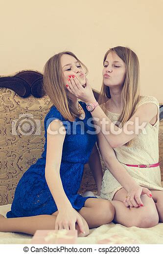 Picture Of 2 Blond Young Woman Sisters Or Best Girlfriends Having Fun