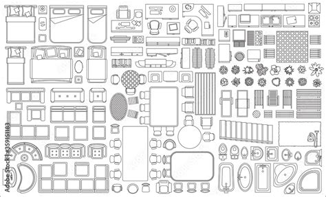 Set Of Linear Icons Interior Top View Isolated Vector Illustration