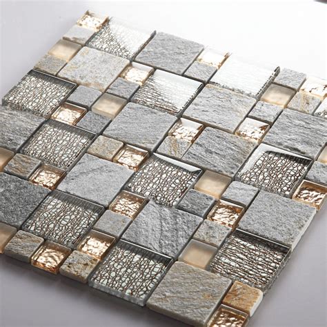 Glass And Stone Mosaic Tiles Mixed Gray Rose Gold And Silve Backsplash