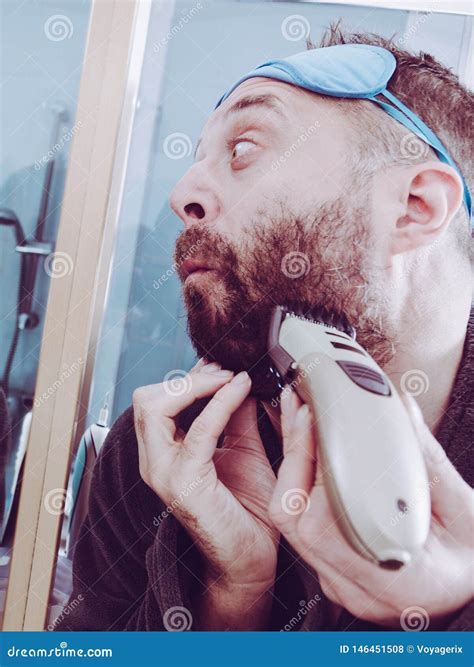 Man Shaving Trimming His Beard Stock Photo Image Of Focus Sleepy