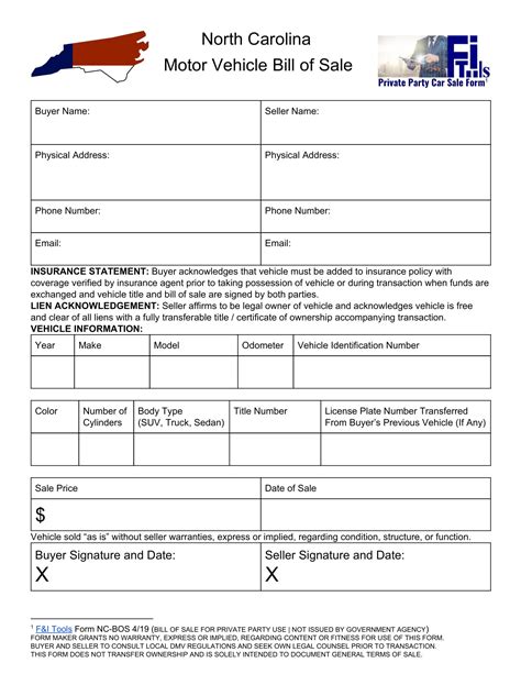 Free North Carolina Car Bill Of Sale Template Fillable Forms