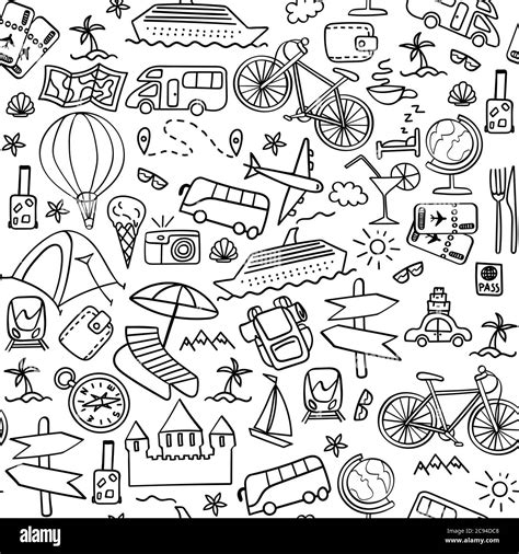 Hand Drawn Travel Seamless Pattern Summer Vacation Doodles On White