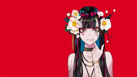 Artwork Minimalism Anime Girls Anime Flower In Hair Red Background