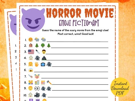 Horror Movie Emoji Pictionary Printable Halloween Party Game Halloween