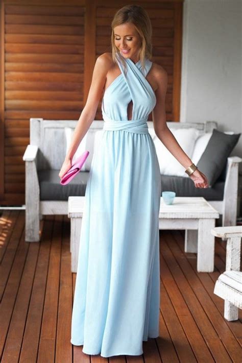 Beautiful Halter Neck Sleeveless Light Blue Maxi Dress Online Store