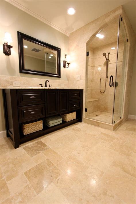 Therefore, many people think about several different ideas to redecorate their fireplace design, especially the mantel shelf. ivory travertine tile Bathroom Traditional with arch glass ...
