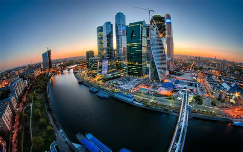 Moscow City River Bridge Sunset Buildings Lights Wallpaper