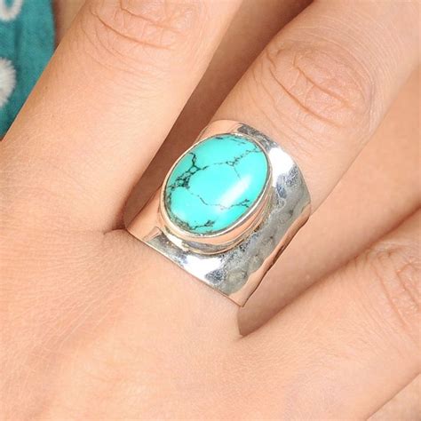 Chunky Boho Turquoise Ring Sterling Silver Rings Turquoise Turquoise