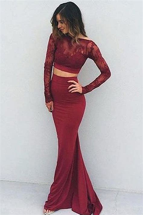 Mermaid Long Sleeve Two Pieces Prom Dresses Burgundy Backless Evening
