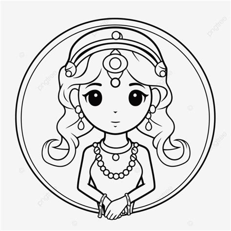 Cute Girl With Necklaces In A Circle Coloring Page Outline Sketch