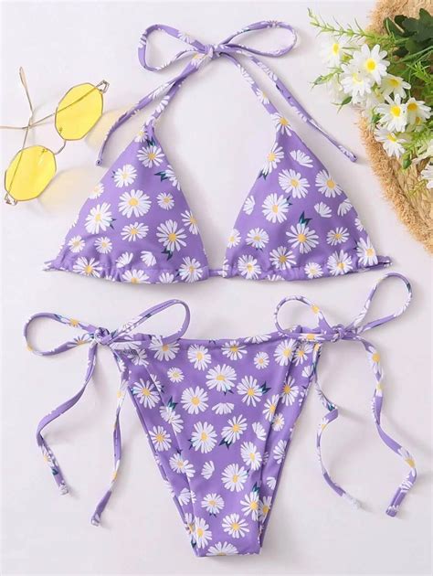 Daisy Floral Triangle Tie Side Bikini Swimsuit Shein Usa Bikini Set