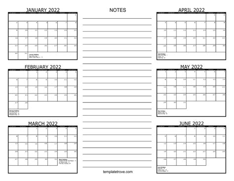 6 Month Calendar 2022