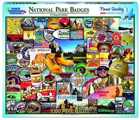It has 91 beautiful pictures about national park, such as yellowstone, zion, grand teton, glacier, yosemite, olympic, arches, denali, redwood etc. White Mountain Puzzles National Park Badges Collage - 1000 ...