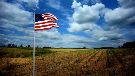 Beautiful American Flag Waving In Time Lapse Of Rural Country Landscape