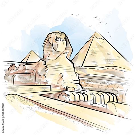 Drawing Color Pyramids And Sphinx In Giza Egypt Vector Illustration