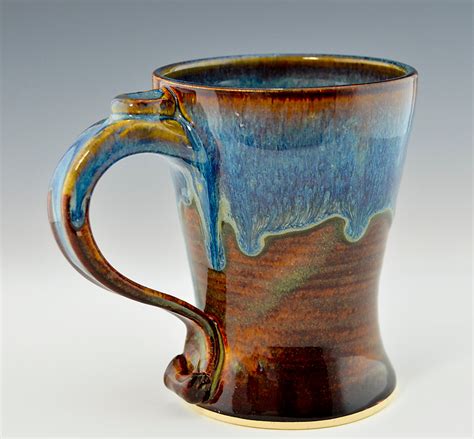 Handmade Stoneware Tall Coffee Mug Blue Brown Ted Pottery