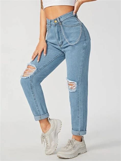 High Waisted Ripped Detail Mom Jeans With Chain Shein Eur In 2021 Mom Jeans Ripped Mom