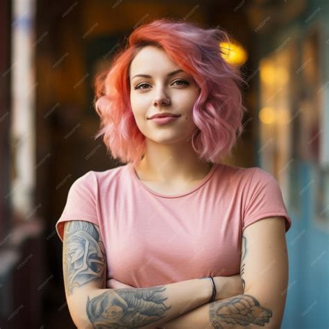 Premium Ai Image A Woman With Pink Hair And Tattoos Standing In Front