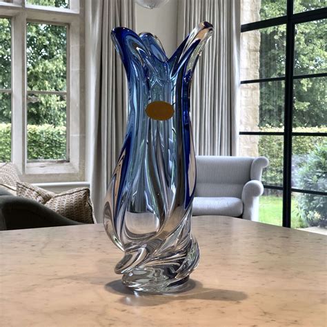 Tall Cobalt Blue Spiral Crystal Vase By Val Saint Lambert In Antique Coloured Glass