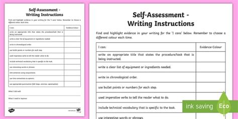 Writing Instructions Self Assessment Checklist Twinkl