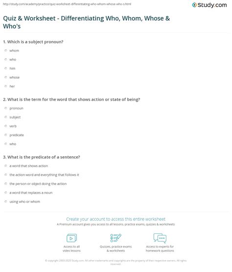 Quiz And Worksheet Differentiating Who Whom Whose And Whos