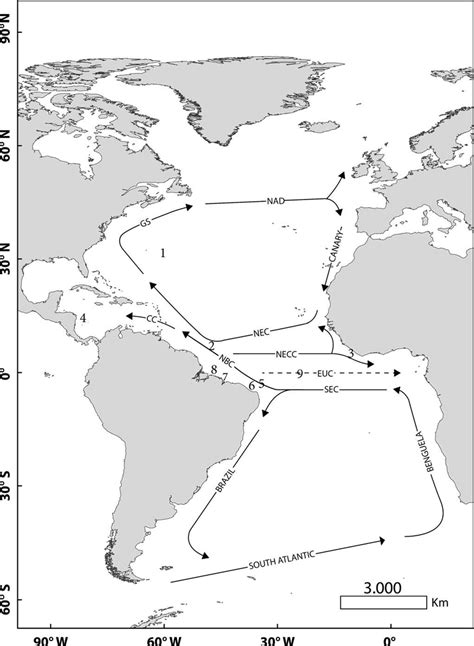 Atlantic Ocean Map And Main Oceanic Currents The Numbers Represent The