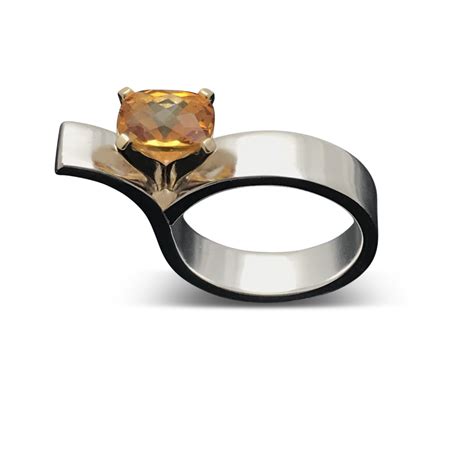 Pear Shaped Citrine Single Diamond Bezel Set Asymmetrical Ring In Yellow Gold Citrine And