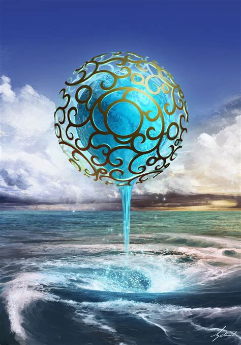 An Artistic Painting Of A Blue Ball Floating In The Ocean With Clouds