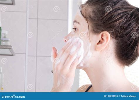 girl soaped her face with soap in the bathroom stock image image of closeup freshness 184891835