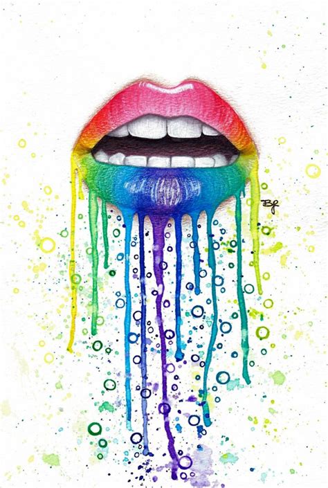Original 75x11in Rainbow Lips Watercolor Painting By Brietronart
