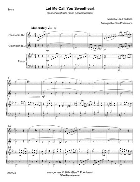 Let Me Call You Sweetheart Clarinet Duet With Piano Accompaniment Arr Glen Poehlmann Sheet
